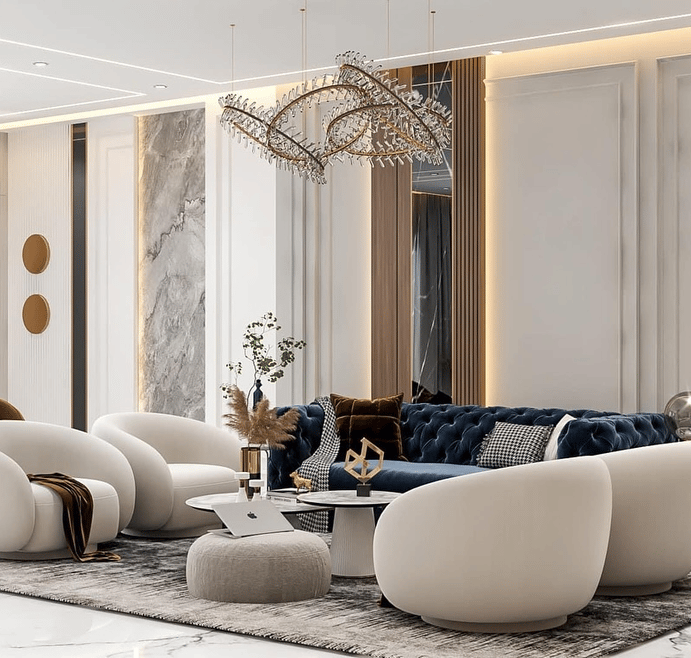Elammari living room with marble accent wall, fluted walnut paneling and a sculptural crystal chandelier