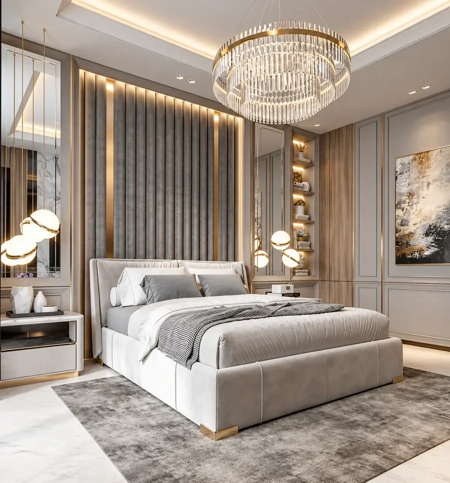 Elammari bedroom with a sculptural chandelier and backlit fluted headboard wall