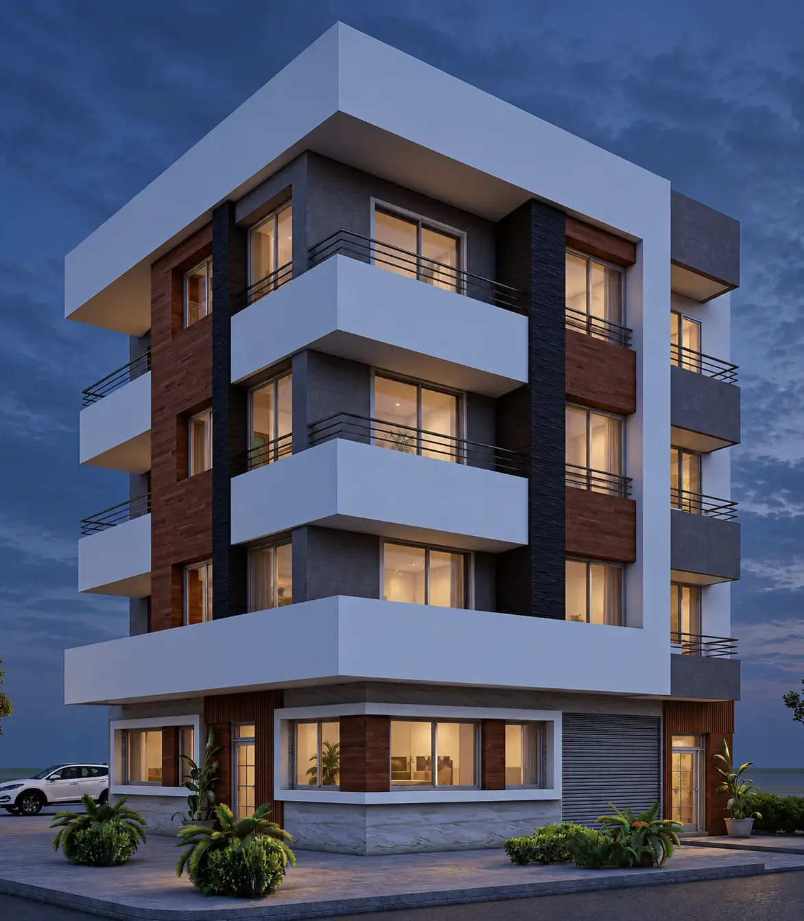 Concept visualisation of an Elammari residential building in Tangier at dusk