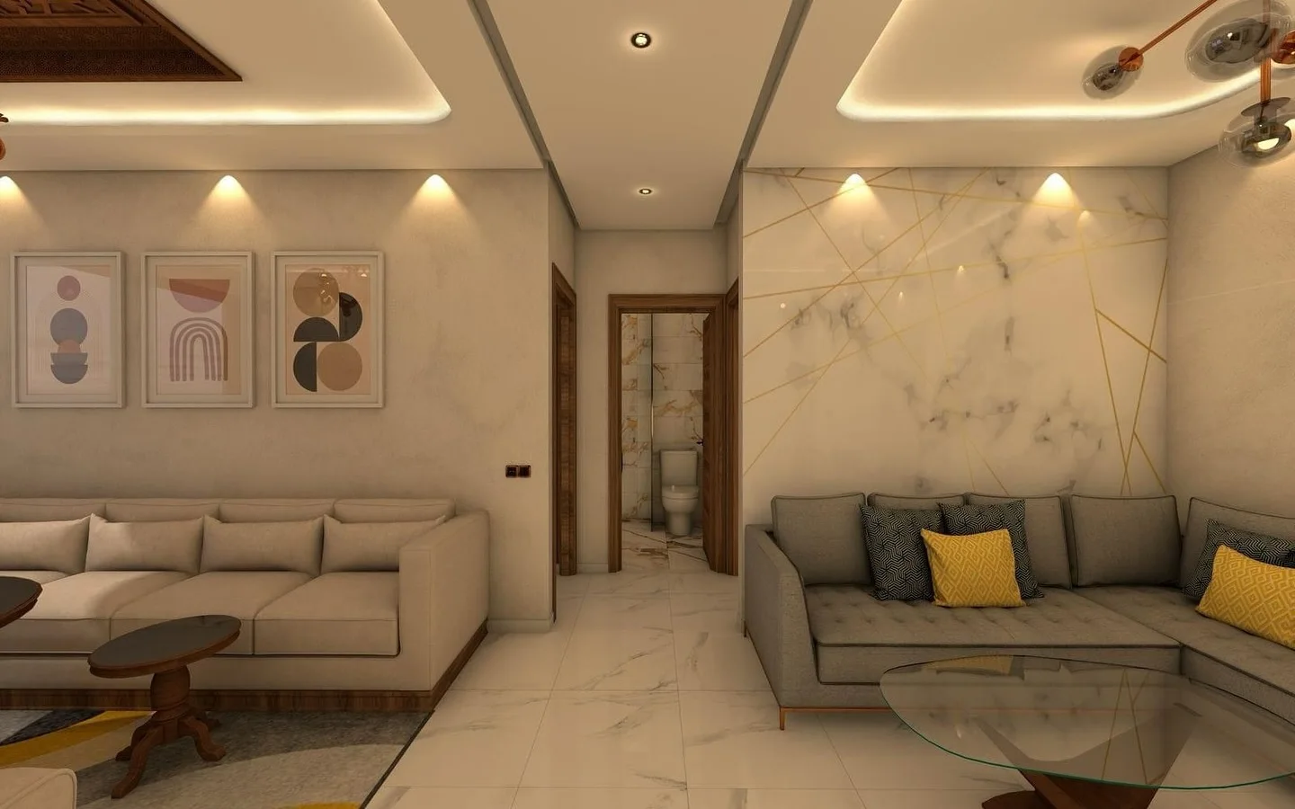 Elammari living room with sculptural pendant lighting