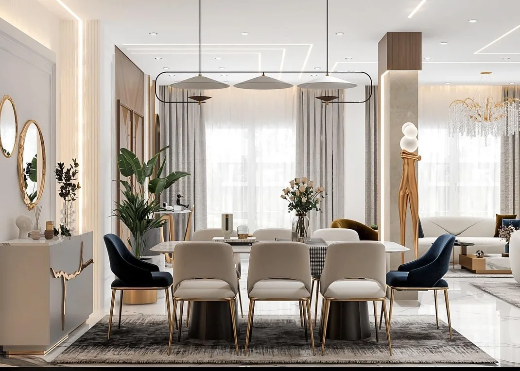 Elammari dining room with brass pendant lighting