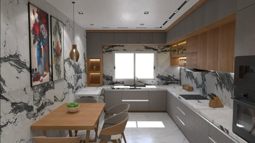Elammari kitchen with marble backsplash