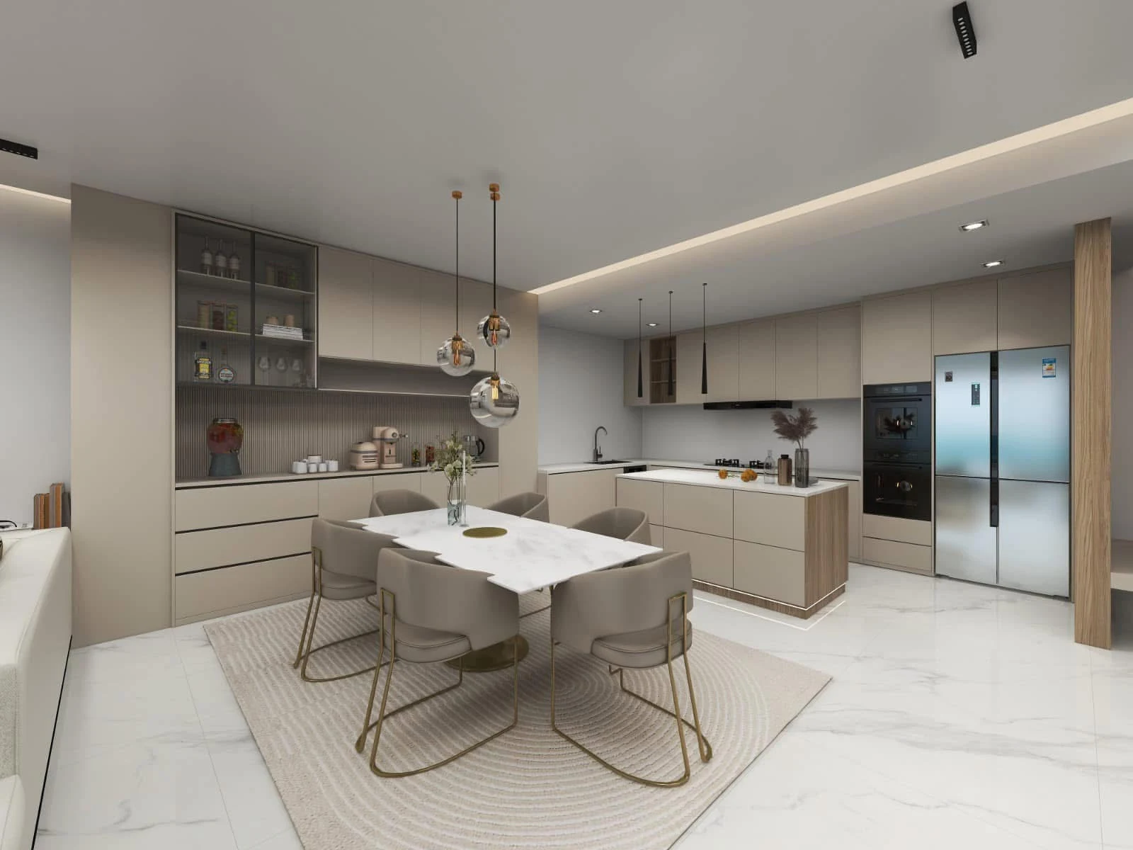 Elammari kitchen with island and dining area