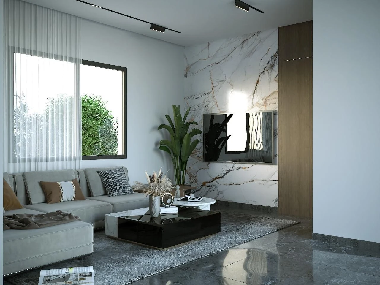 Elammari living room with marble feature wall